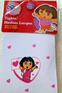 NIP Dora The Explorer Nylon Tights White W/ Pink Heart Pattern Size 7-10 Girl - Picture 1 of 4
