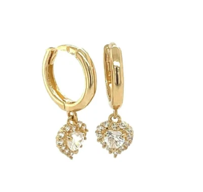 14K Yellow Gold CZ Heart Huggies Earrings Dangle Drop Earrings for Women 9.6x9.3 - Image 1 of 4