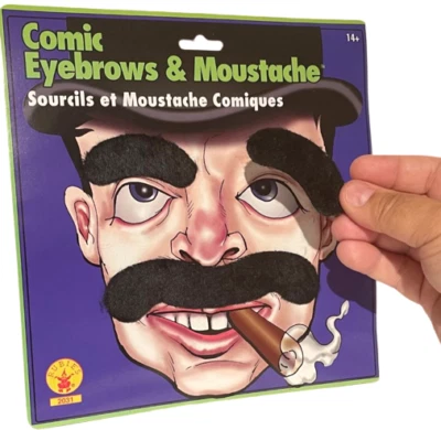 BIG COMIC EYEBROWS & MUSTACHE SET Groucho Fake Stick On Black Hair Cartoon Man  - Image 1 of 4
