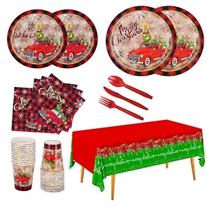 Christmas Party Supplies Disposable Paper Plates Napkins Cups Knives Spoons Fork - Picture 1 of 7