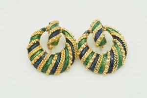 Vintage tono dorado azul verde esmalte estilo etrusco aldaba puerta clip en pendientes - Imagen 1 de 4