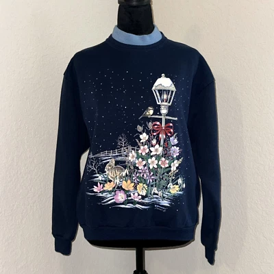 Morning Sun Cuello Redondo Para Mujer Pequeño Azul Marino Flores Invierno Caprichoso Abuela Núcleo Foto 1 de 4