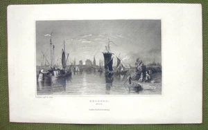 ALEMANIA Colonia Colonia al atardecer en el río Rin Barcos Barcos - Impresión antigua de la década de 1840 - Imagen 1 de 1
