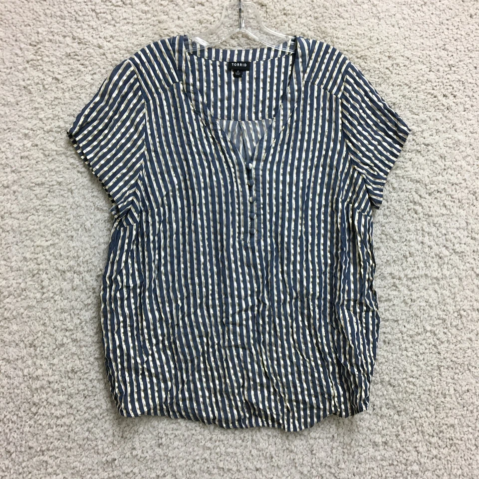 Torrid Top 2X Adult Plus Blue Striped Metallic V Neck Blouse Short Sleeve Womens - Image 1 of 4