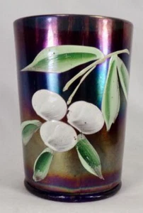 Fenton Blue Carnival Glass Tumbler Enamel Cherries Hand Paint Vintage - Picture 1 of 6