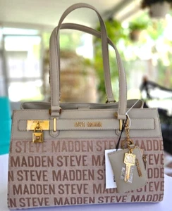 Steve Madden Taupe Jacquard Logo Tote Bag NWT w/Pouch Gold Hardware Rare - Picture 1 of 12