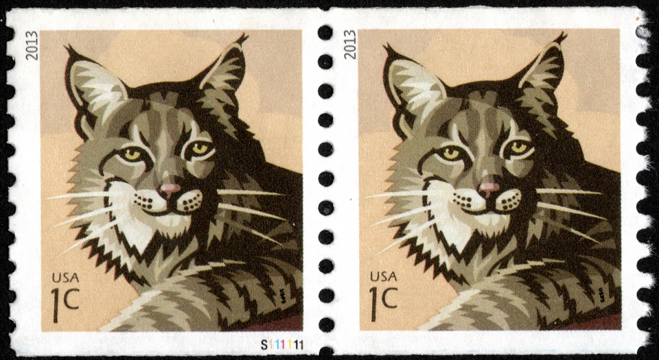 US Stamp Scott # 4802 Used Plate Number S111111 Pair VF - 1 Cent Bobcat Issue - Image 1 of 1