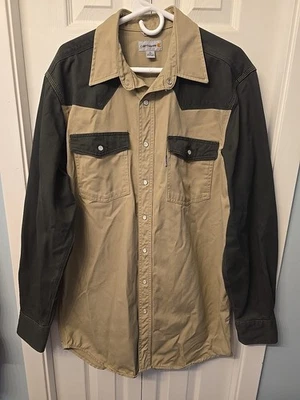 Mens LT Tan & Black Long Sleeve Pearl Snap Carhartt Shirt Relax Fit - Image 1 of 4