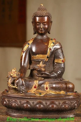 8" Old Tibet Buddhism Bronze Gilt Gems Menla Medicine Buddha Medical God Statue - Image 1 of 4