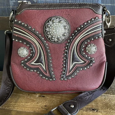 Bolso Bandolera Cartera Montana West Rojo/Marrón Estrás Tachonado Cuero Sintético Foto 1 de 4