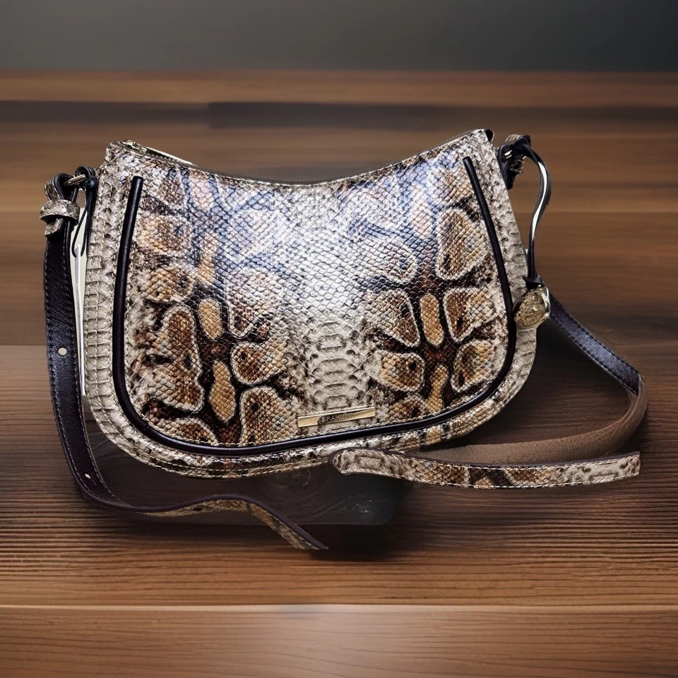 BRAHMIN SHAYNA HAZELNUT SHENANDOA BROWN MUSTARD SNAKE PRINT LEATHER HANDBAG