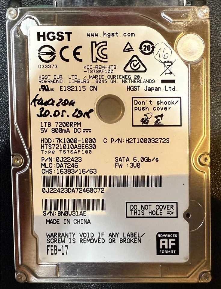 HGST, 1TB, 7K1000-1000, HTS721010A9E630, S/N: BN0U31AE, SATA HDD - Bild 1 von 1
