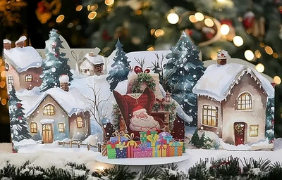 3D CHRISTMAS POPUP CARD, ENV. & SEAL - SANTA IN HIS COTTAGE RESTING IN ARMCHAIR - Image 1 of 4