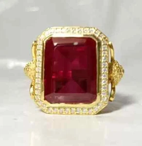 4Ct Emerald Cut Lab Created Red Ruby Men's Halo Ring 14K Yellow Gold Plated - Picture 1 of 8