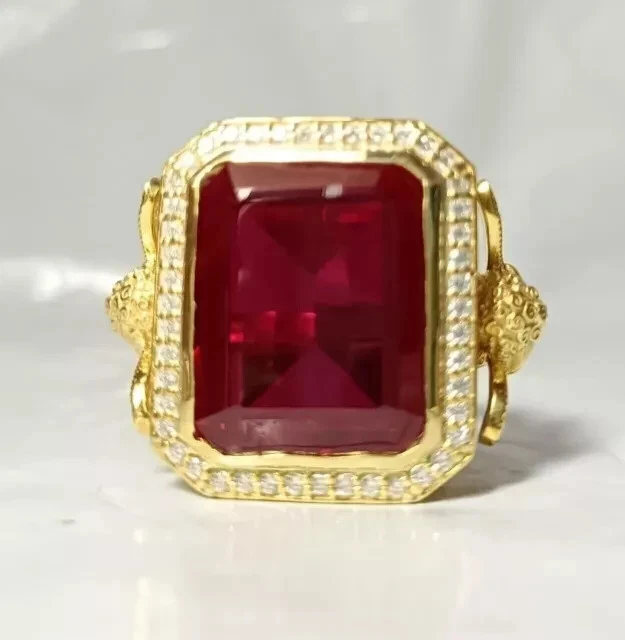 4Ct Emerald Cut Lab Created Red Ruby Men's Halo Ring 14K Yellow Gold Plated Foto 1 de 1