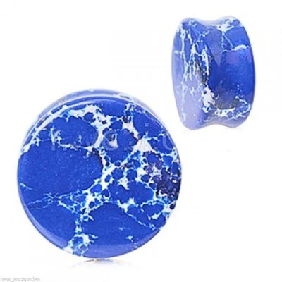 PAIR-Stone Jasper Blue Imperial Saddle Flare Ear Plugs 05mm/4 Gauge  - Image 1 of 3