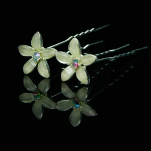 Cream Glossy Flower with Rhinestone Center Bridal Hair Pin - Set Of 2 - Picture 1 of 6