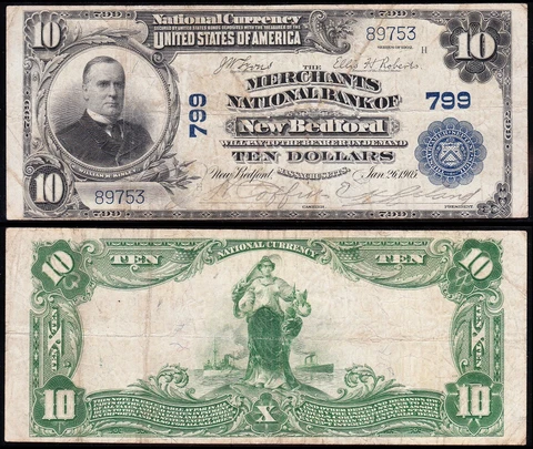 NICE *SCARCE* 1902 $10 NEW BEDFORD, MA Ch. 799 National Banknote! FREE SHIPPING! Cover
