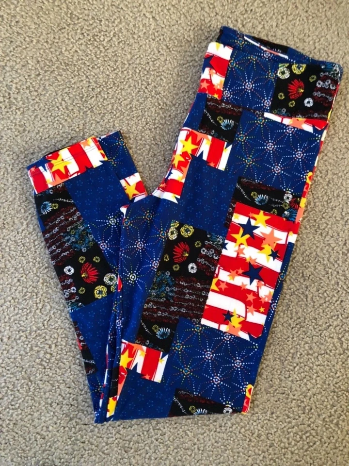LuLaRoe Nuevo TC Alto Curvilíneo Leggings Azul Blanco Rojo Amarillo Estrellas Rayas Patchwork Foto 1 de 2
