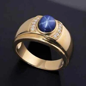 Solid 925 Sterling Silver 6 Star Blue Sapphire Oval Cab Gemstone Men's Ring, - Picture 1 of 11