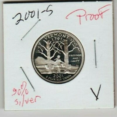 2001 S Vermont PROOF 90% Silver STATE 1788 QUARTER Freedom MAPLE LOW Mintage SEq - Image 1 of 3