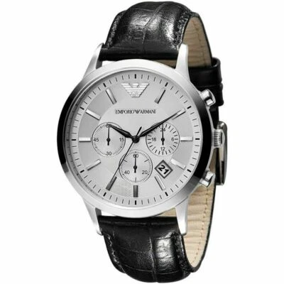 NEW EMPORIO ARMANI MEN'S WATCH GENUINE AR2432 BLACK LEATHER STRAP & SILVER DIAL - Image 1 of 4