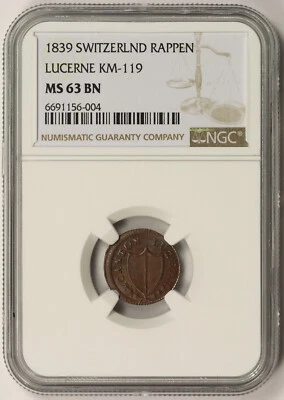 1839 Switzerland Swiss Cantons Luzern Rappen Copper KM-119 MS 63 BN NGC - Image 1 of 4