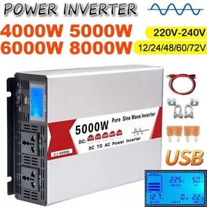 5000W 8000W Max 12V 24V 48V to 220V Pure Sine Wave Power Inverter LCD USB Port