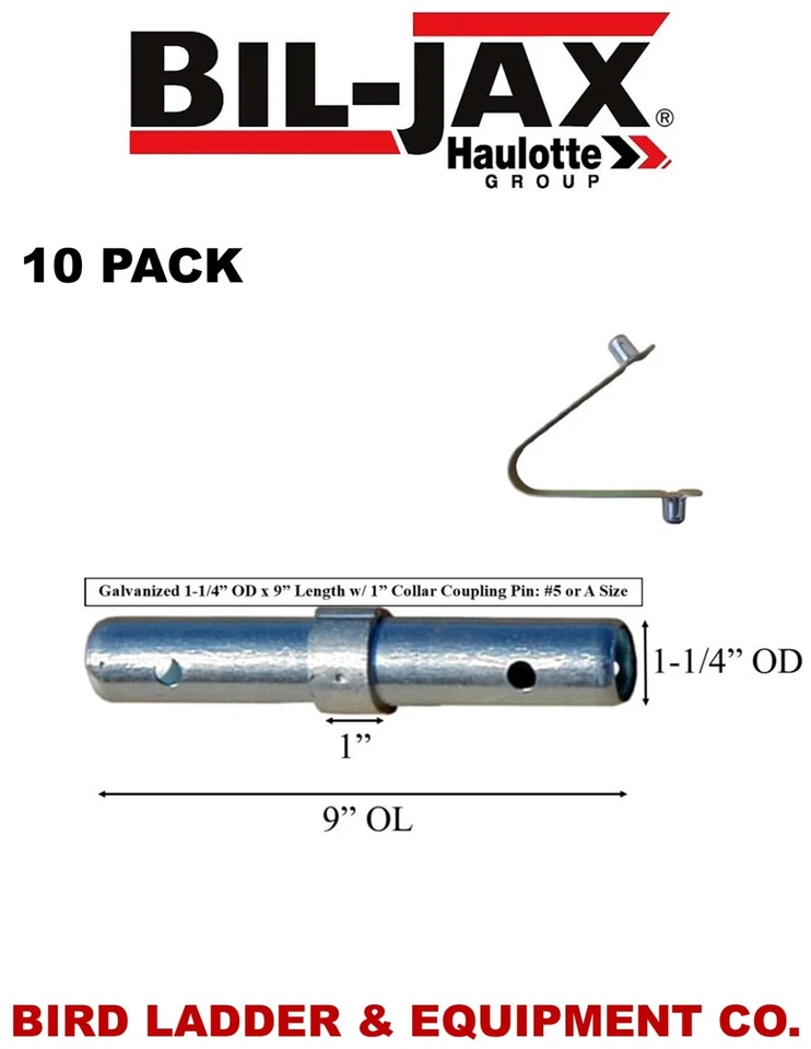 (10 Pack) Bil-Jax Scaffolding Coupling Pin 1-1/4"OD x 9"L & Spring Rivet - Image 1 of 1