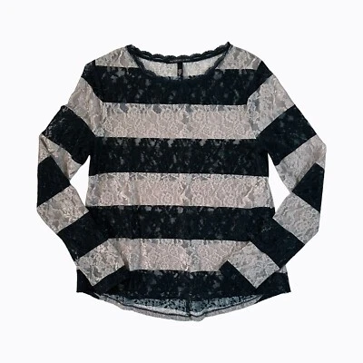 Victoria's Secret Floral Lace Top Sz S/P Black Cream Chunky Stripes Y2K 90s Goth - Image 1 of 4