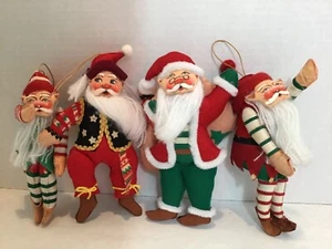Vintage Cloth Fabric Elf Ornaments Set of 4 Hand Painted Faces Yarn Beards 7" - Picture 1 of 16