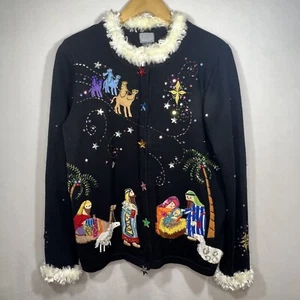 VINTAGE BEREK Christmas 3 Wise Men Beaded Sweater Medium Nativity - Picture 1 of 10