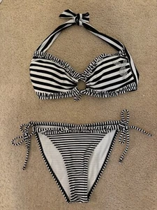 PLAYBOY BIKINI BLACK & WHITE STRIPED BUNNY HEAD SWIMSUIT SIZE MEDIUM - Picture 1 of 7