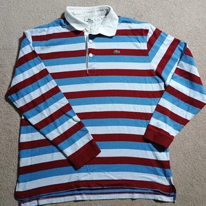 Polo rugby a righe Lacoste uomo grande blu marrone manica lunga camicia coccodrillo - Foto 1 di 11