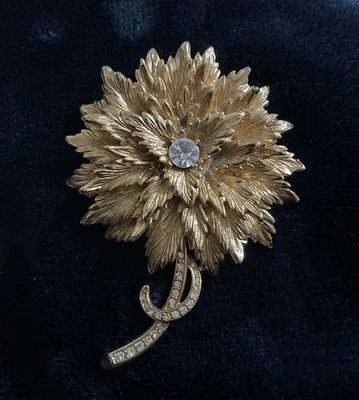 "Broche de perlas Erwin vintage pavé dorado estrás flor grande mediados de siglo 3""" Foto 1 de 4