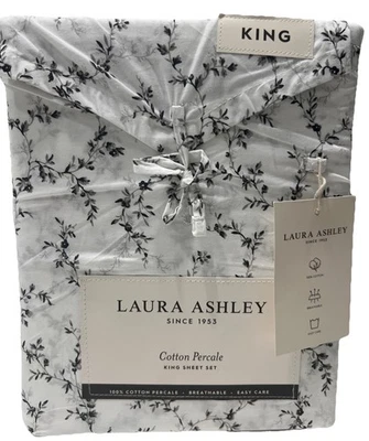 Laura Ashley Black White Floral Saras Sprig 100% Cotton Percale King Sheet Set - Image 1 of 4