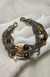 David Yurman Sterling Silver 18k Gold Smokey Quartz & Pearl Multistrand Bracelet - Picture 1 of 17