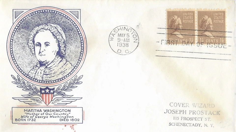 1938 Prexie FDC, #805, 1-1/2c Martha Washington, WSE/Clifford, pair - Image 1 of 1