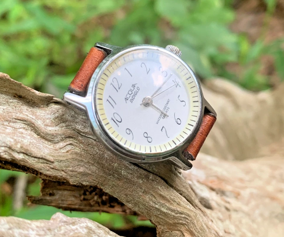 TIMEX Acqua Indiglo OOAK L8 2003 Silver/White/Brown Leather Sz US 7 Watch Ring - Image 1 of 4