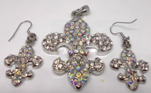 Rhinstone pendant Fleur- de- lis large ab coated 3x2 1/2 heavy + earrings - Picture 1 of 2