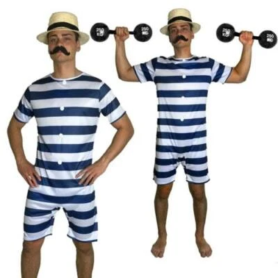 20s Bathing Suit Costume Mens Old Time Victorian Beach Swimsuit Fancy Dress Hat - Image 1 of 2