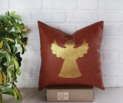 Gold XMAS Angel terracotta faux leather look fabric pillow cover-1 QTY - Image 1 of 4