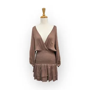 Mustard Seed Brown Smocked Mini Dress Size S Small V Neck - Picture 1 of 7