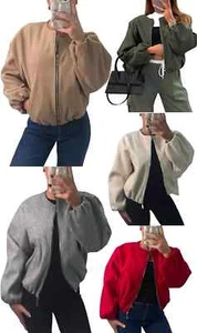 Ladies Crew Neck Zipper Bomber Jacket Long Balloon Sleeve Zip Up Front Jacket UK - Picture 1 of 6