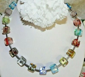 Halskette Würfel Lampwork Millefiori Silberfolie Glas Murano Art mehrfarbig 435k - Bild 1 von 10