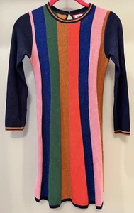 Mini Boden Rainbow Glitter Dress Girls 9-10 Long Sleeve Navy Vertical Stripes - Picture 1 of 14