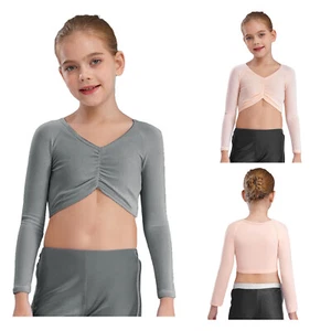 Girls Crop Top Ruched Tops Stage Performance Shirt Warm Up Costume Breathable - Picture 1 of 32