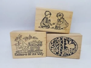 3 Easter Egg bunny  kids wood mounted rubber stamp #71 - Picture 1 of 3