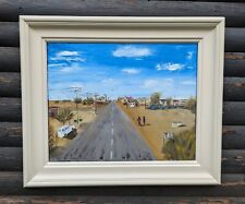 VILLAGE SMALL TOWN BLUE SKY FIGURES FRAMED ORIGINAL OIL PAINTING signed 