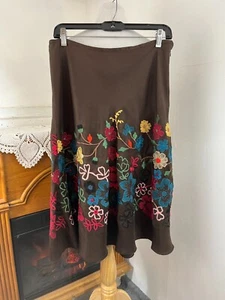 Johnny Was 100% Brown Silk Floral Embroidered Midi Skirt ~ Size 10 - Picture 1 of 5